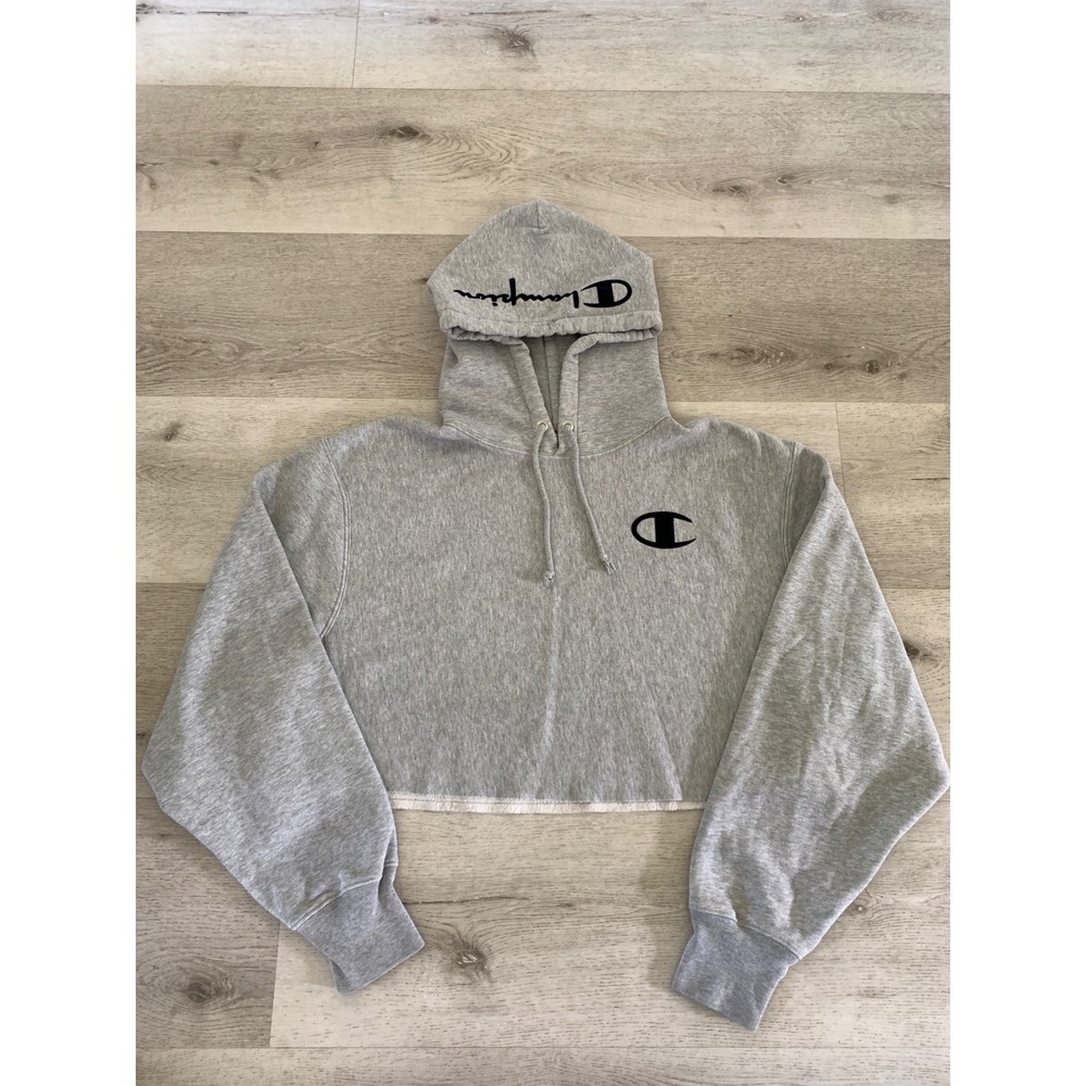 Champion Reverse Weave Cropped Hoodie Heather‎ Gray Logo Sweatshirt Womens